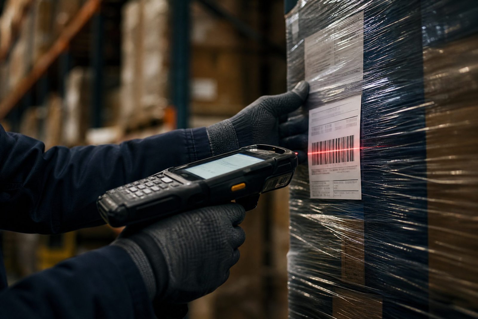 Warehouse operator scanning pallets